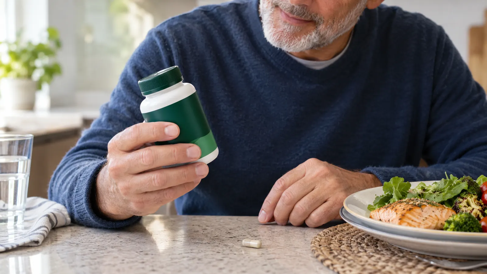A hand holding a supplement bottle over a kitchen counter with a single capsule beside a dinner plate.