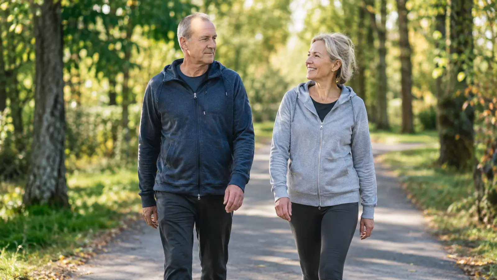 An older couple walking together on a tree-lined path in the morning.