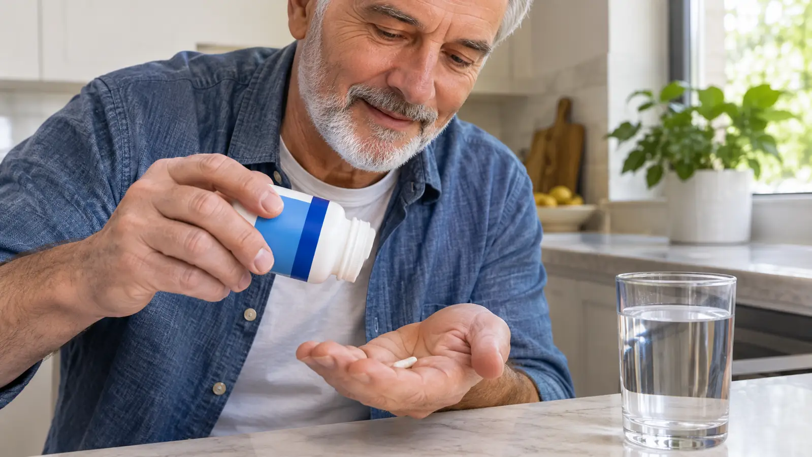Close view of a hand shaking two plain capsules from a supplement bottle over a kitchen counter