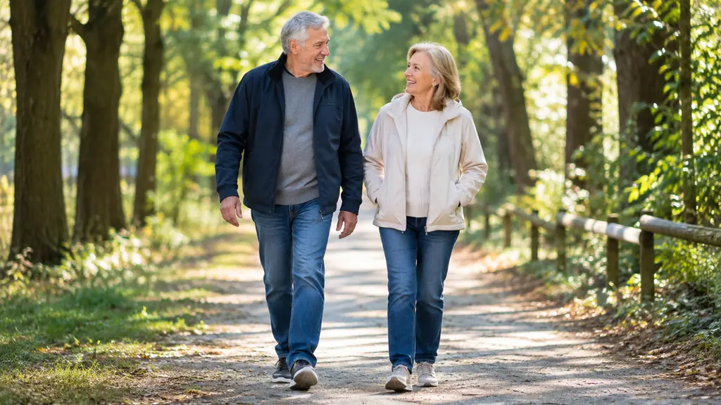 An older couple walking on a tree-lined path in the morning