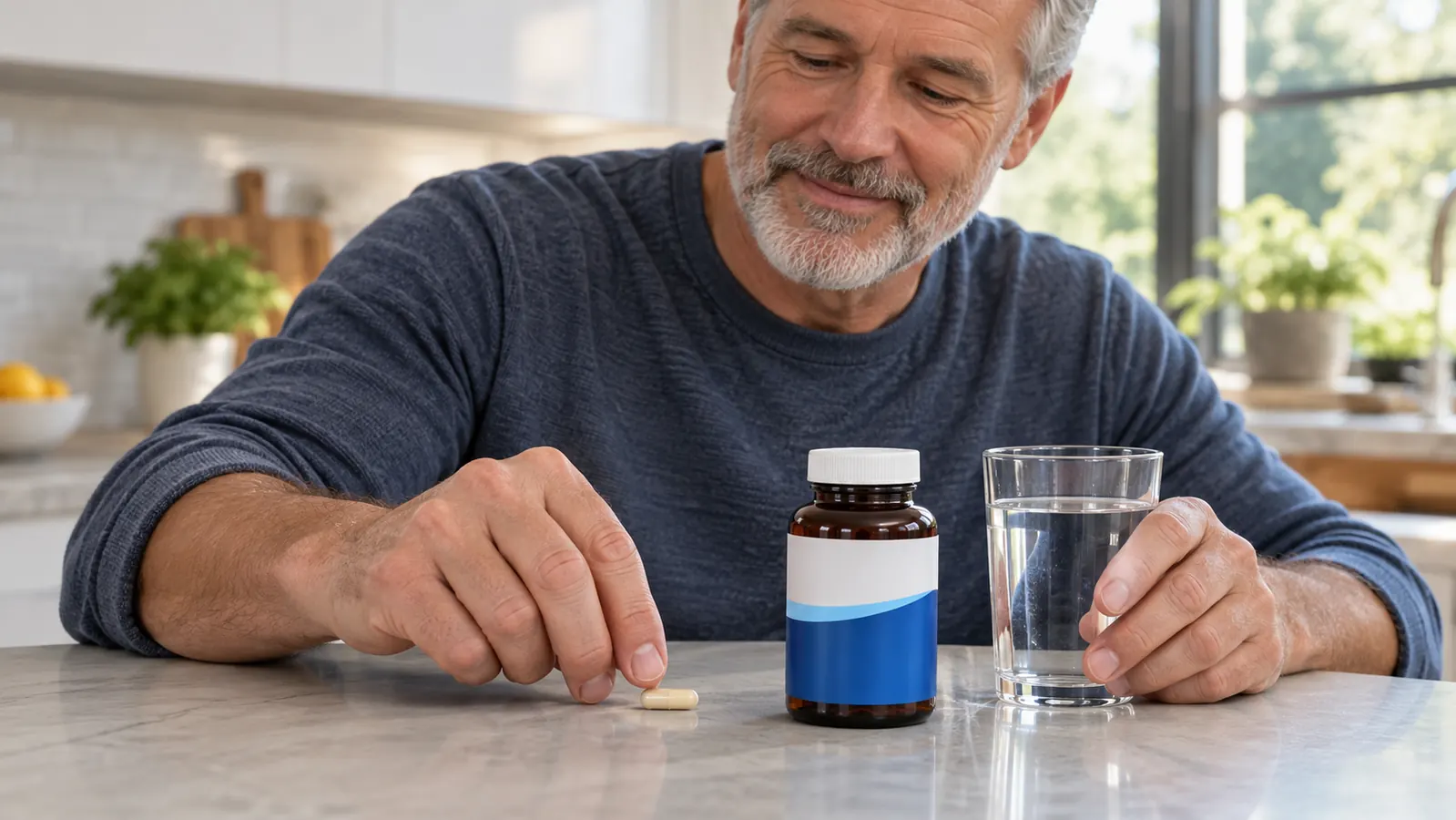 A hand placing a supplement capsule on a kitchen counter beside a glass of water