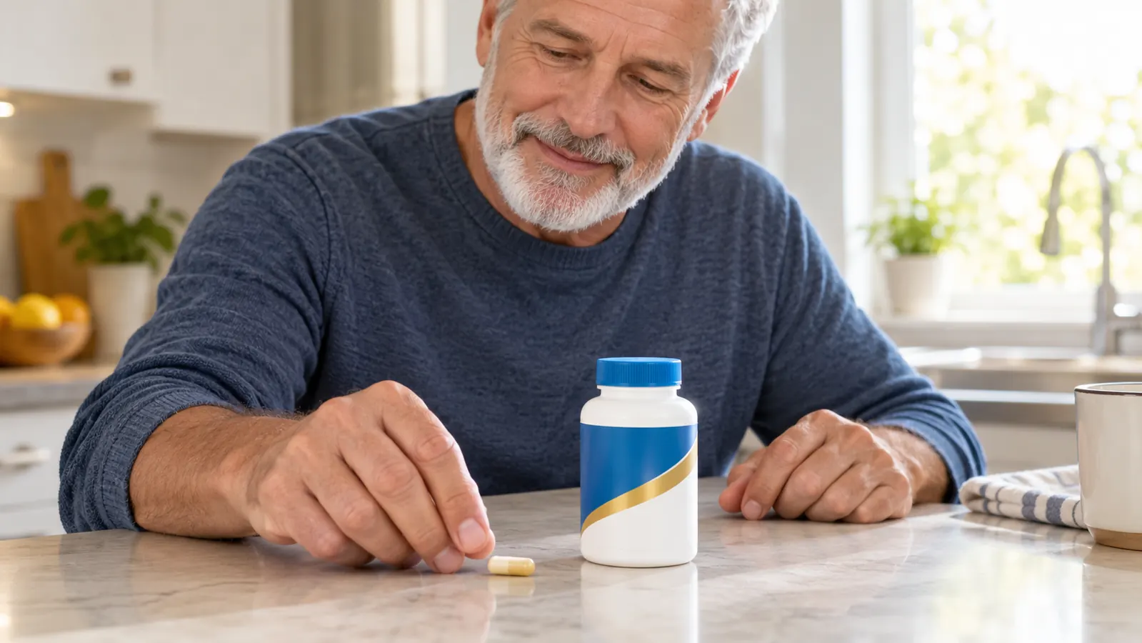 A hand placing a single capsule on a kitchen counter next to the supplement bottle from the reference photo.