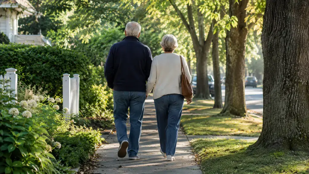 An older couple walking together on a tree-lined street in the morning, seen from behind.