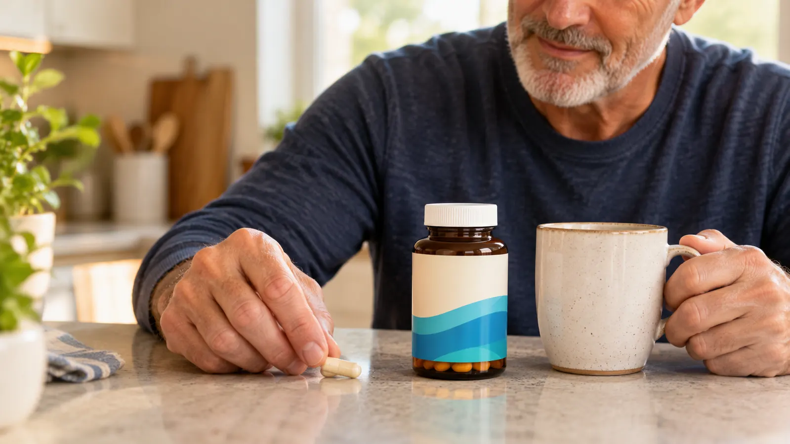 close view of a hand placing a single capsule beside a coffee mug on a kitchen counter