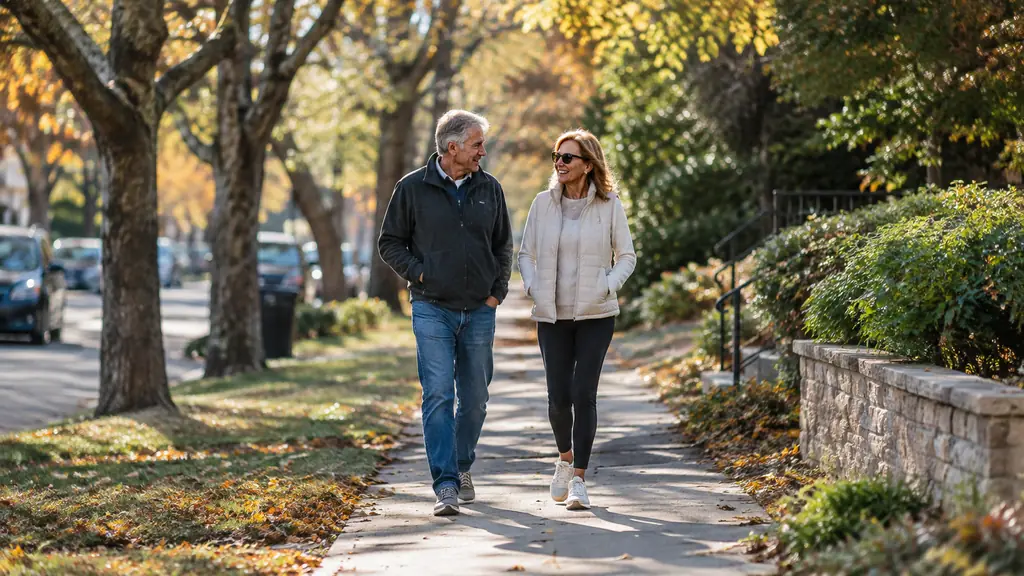 a man in his early sixties walking on a tree-lined street in the morning with a woman