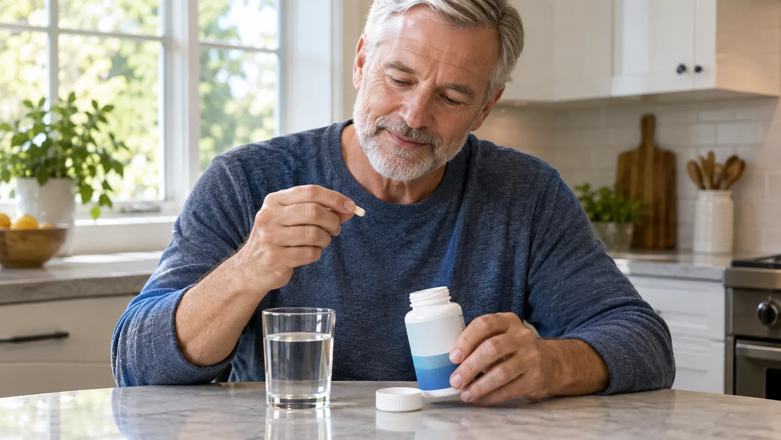 An older man's hand holds a small capsule over a kitchen counter beside a glass of water