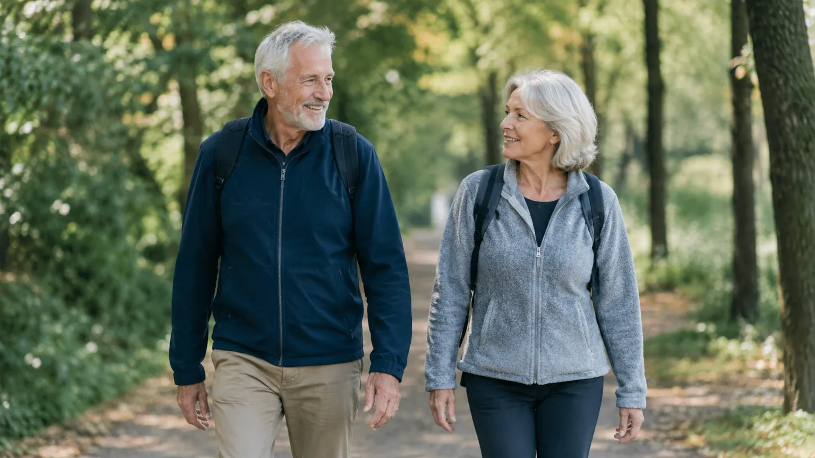 An older couple walking together on a tree-lined path in the morning