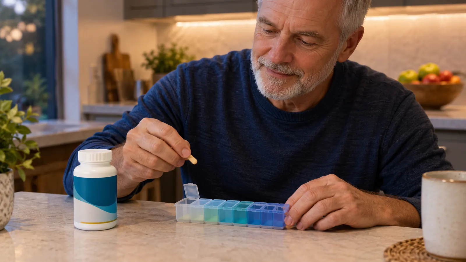 a hand placing one supplement capsule into a weekly pill organizer on a kitchen counter