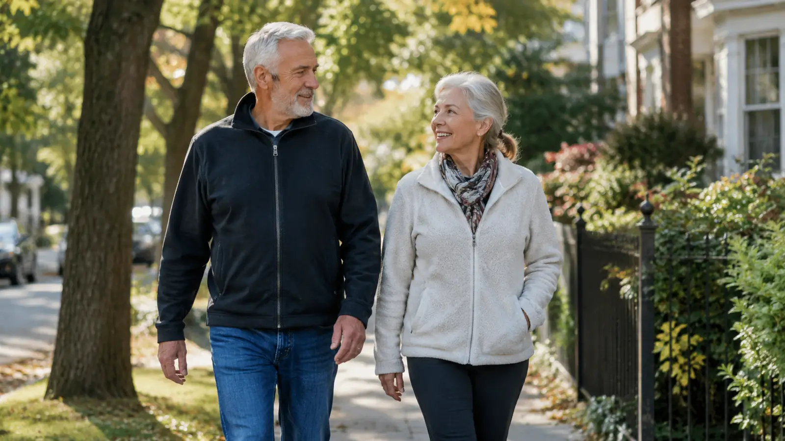an older couple walking together on a tree-lined residential street in soft morning light