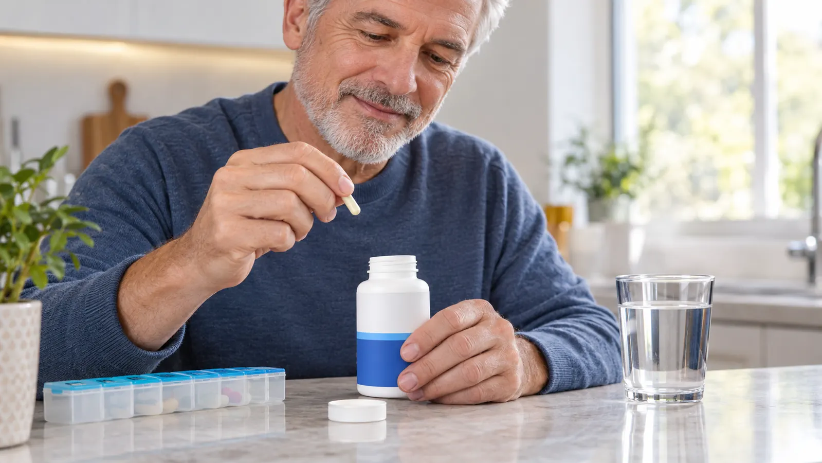 A hand in a kitchen setting holding a small supplement capsule above an open bottle, with a weekly pill organizer nearby