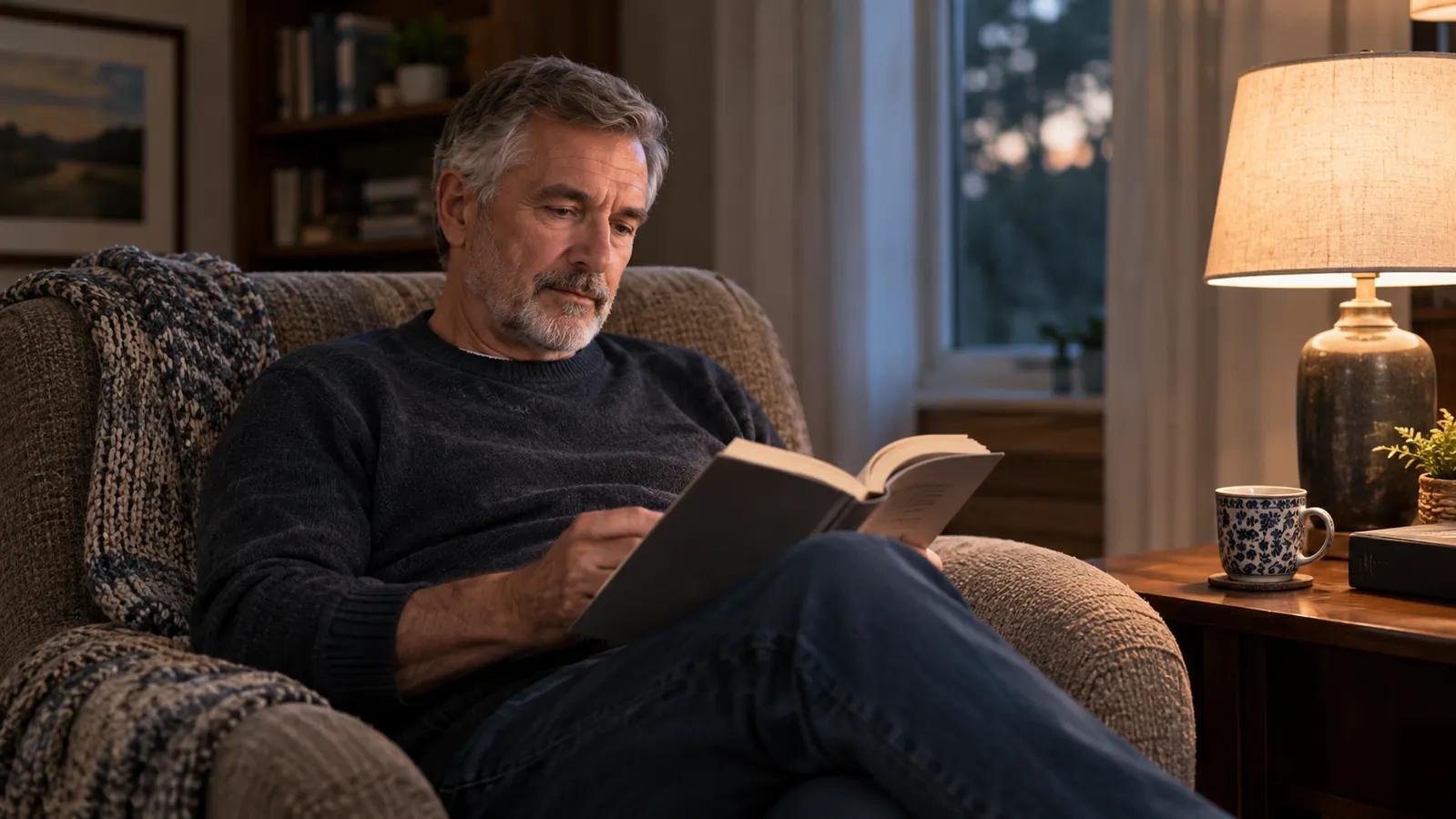 A man in his early sixties reads a book in an armchair under a warm lamp in the evening, with a mug on the side table
