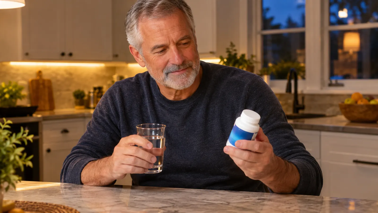 A man in his early sixties at a kitchen counter in the evening, holding a supplement bottle in one hand and a glass of water in the other