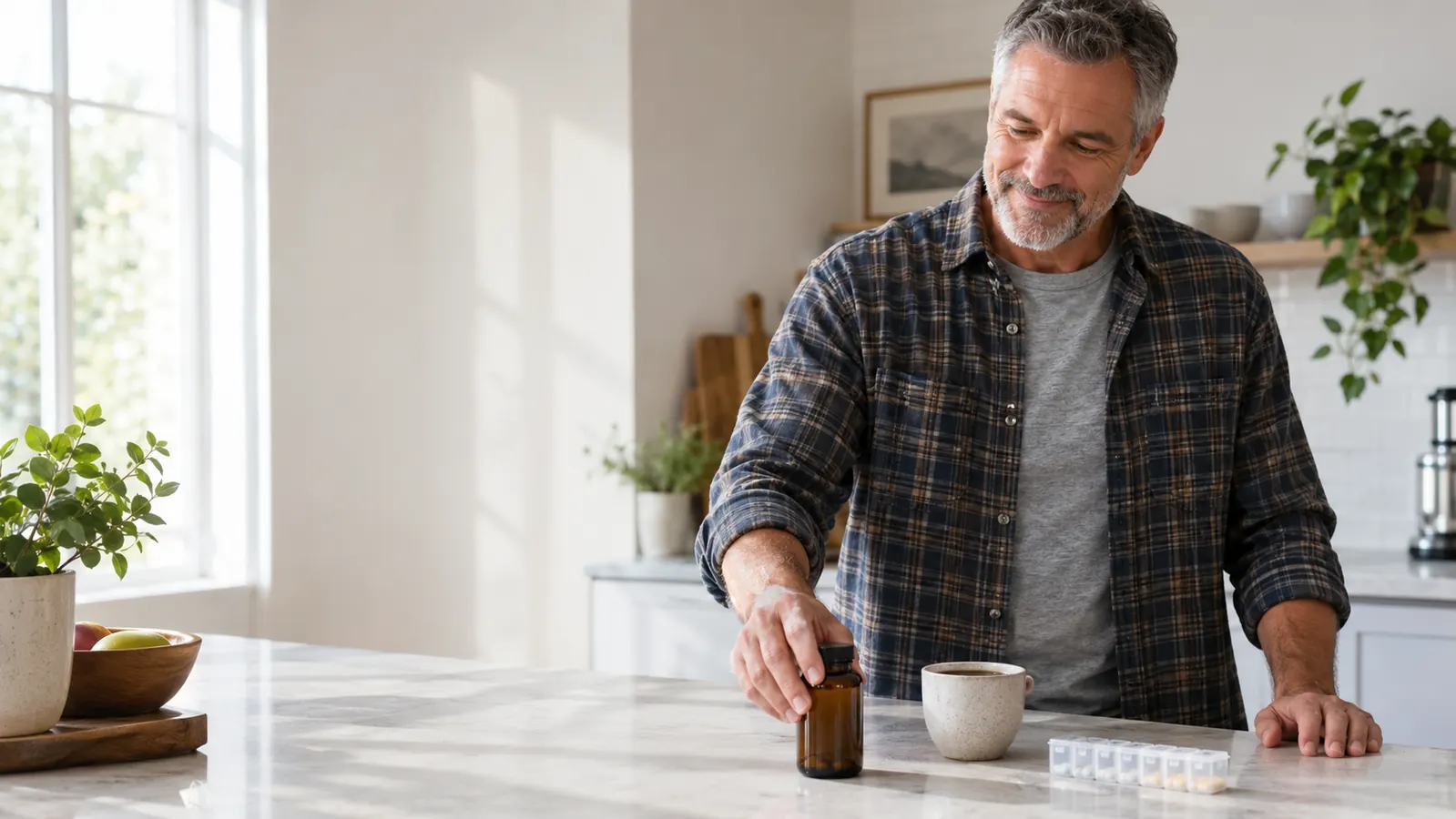A man in his early sixties in a flannel shirt setting a supplement bottle on a kitchen counter next to a cup of coffee in morning light