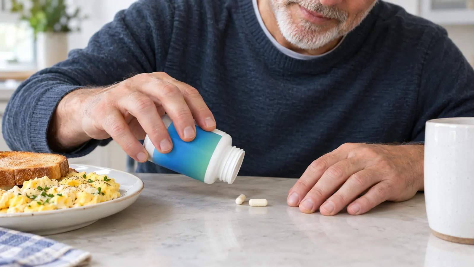 A hand shaking two capsules from the supplement bottle over a kitchen counter in the morning