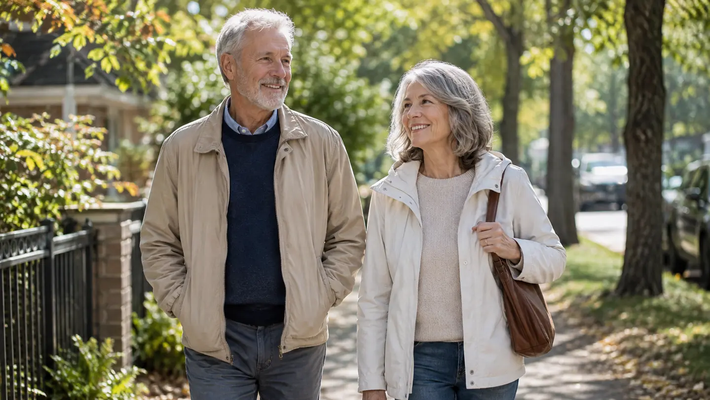 An older couple walking together on a tree-lined residential street in the morning