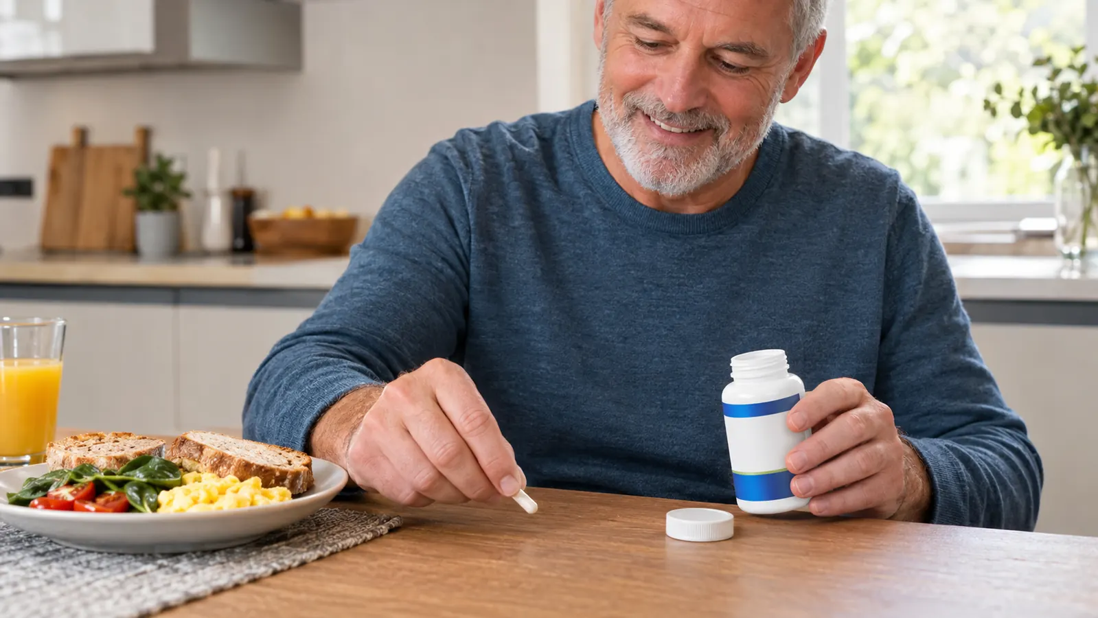 A man's hand places one capsule next to a breakfast plate on a kitchen table in the morning.