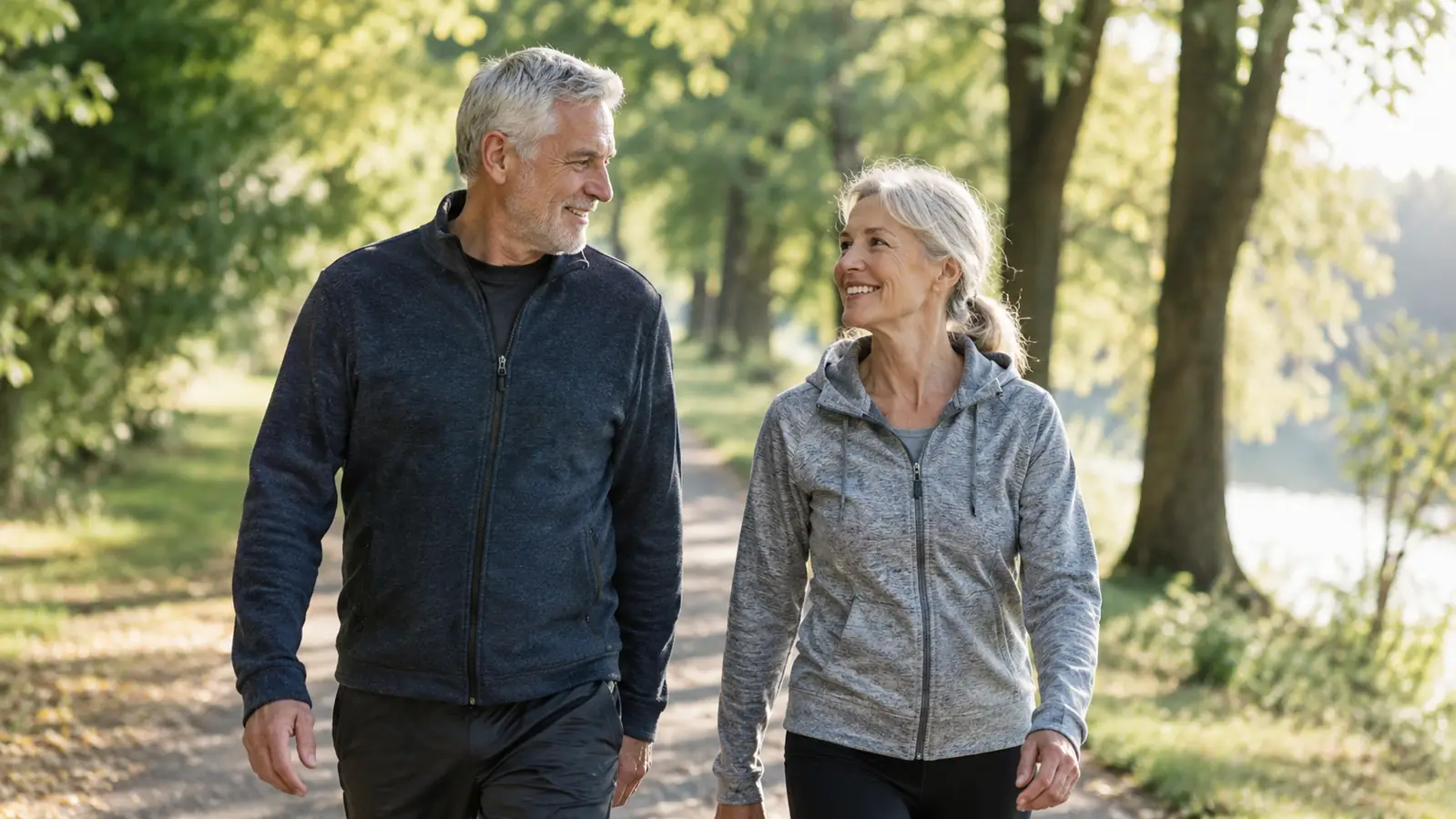 An older couple walks together on a tree-lined path in the morning.