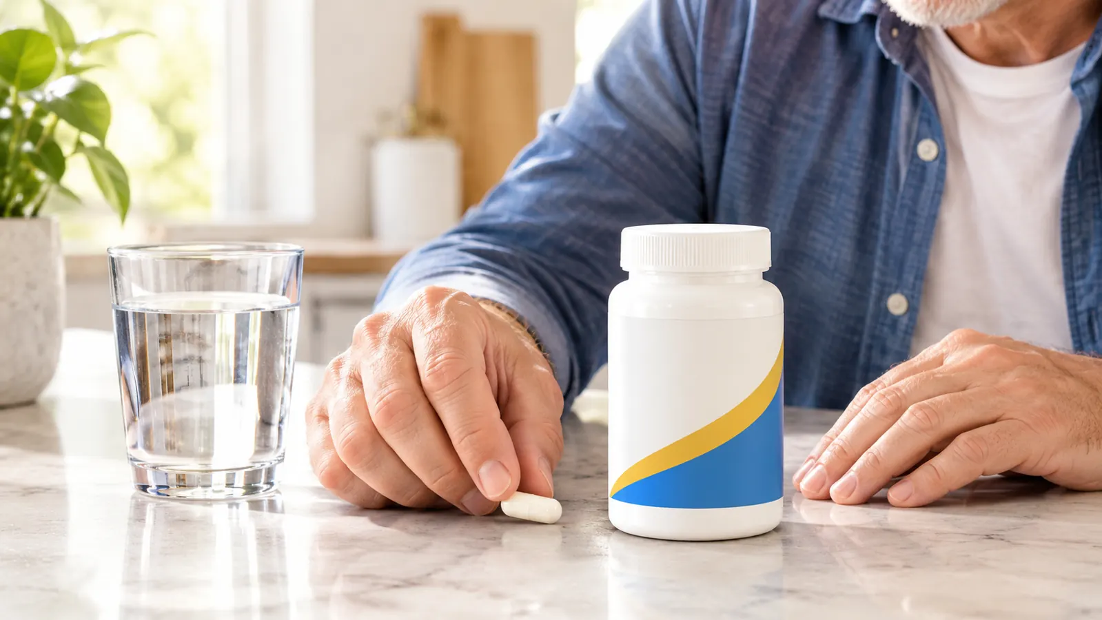 Close view of a hand placing two plain capsules on a kitchen counter next to a glass of water