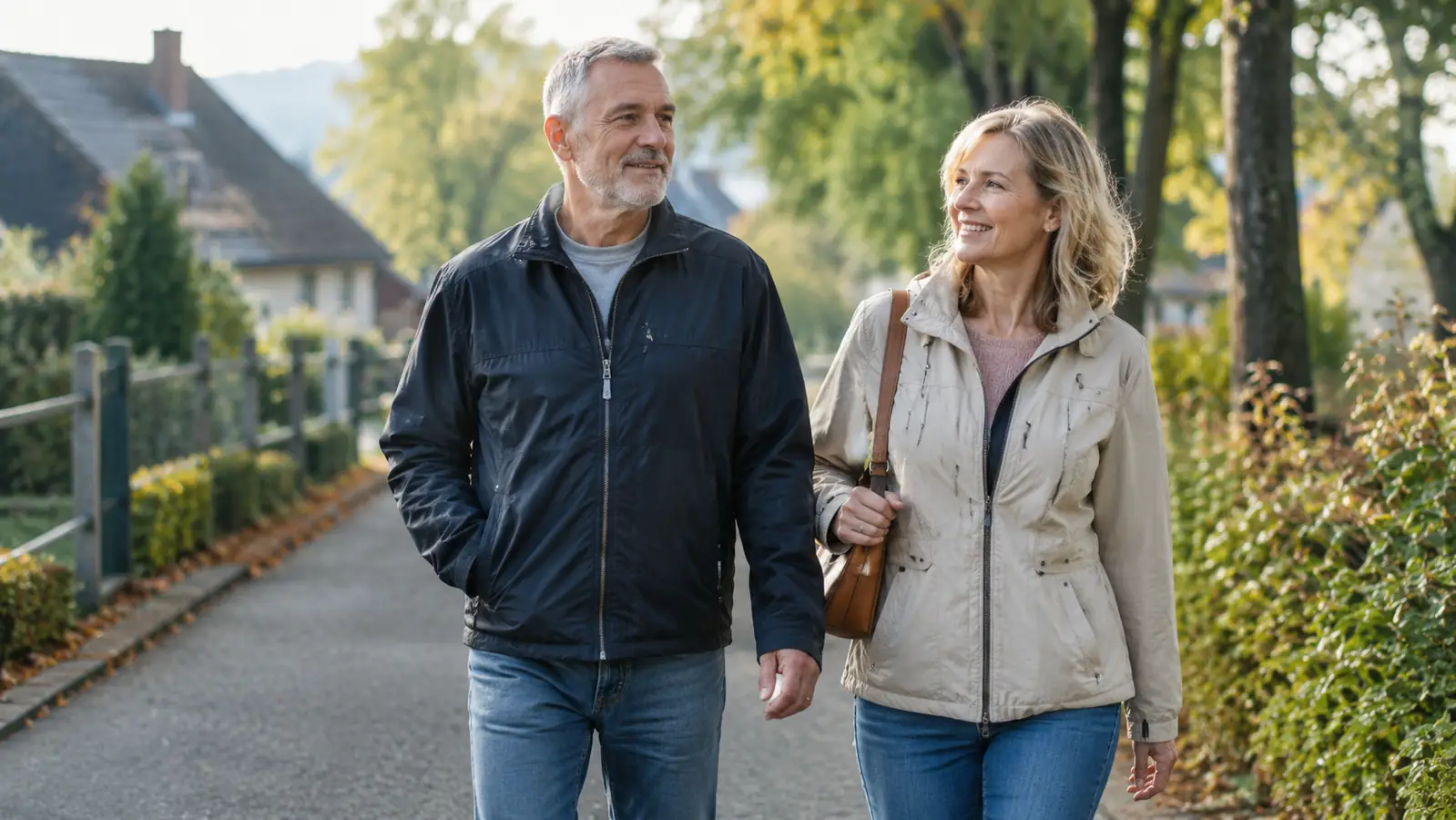 A man in his early sixties and a woman walking together on a paved path in the morning
