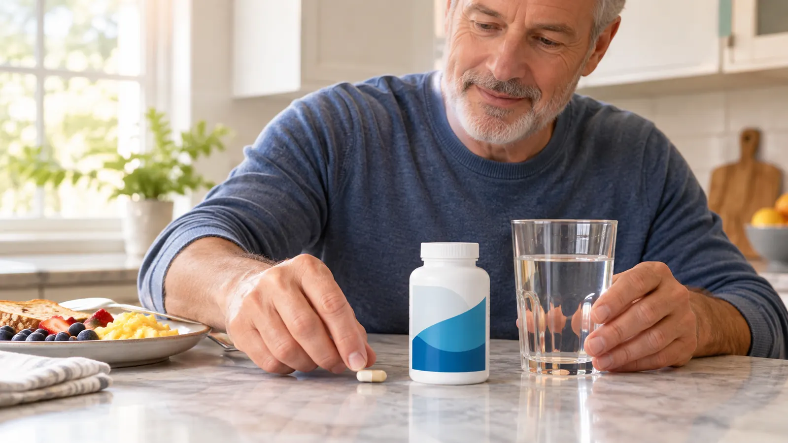 A hand placing a supplement capsule on a kitchen counter next to a glass of water and a breakfast plate.