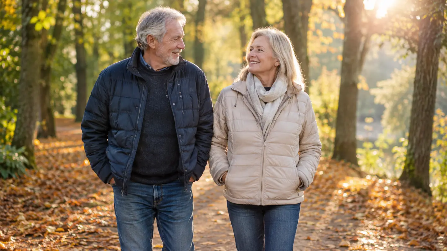 An older couple walking together on a tree-lined path in the morning.