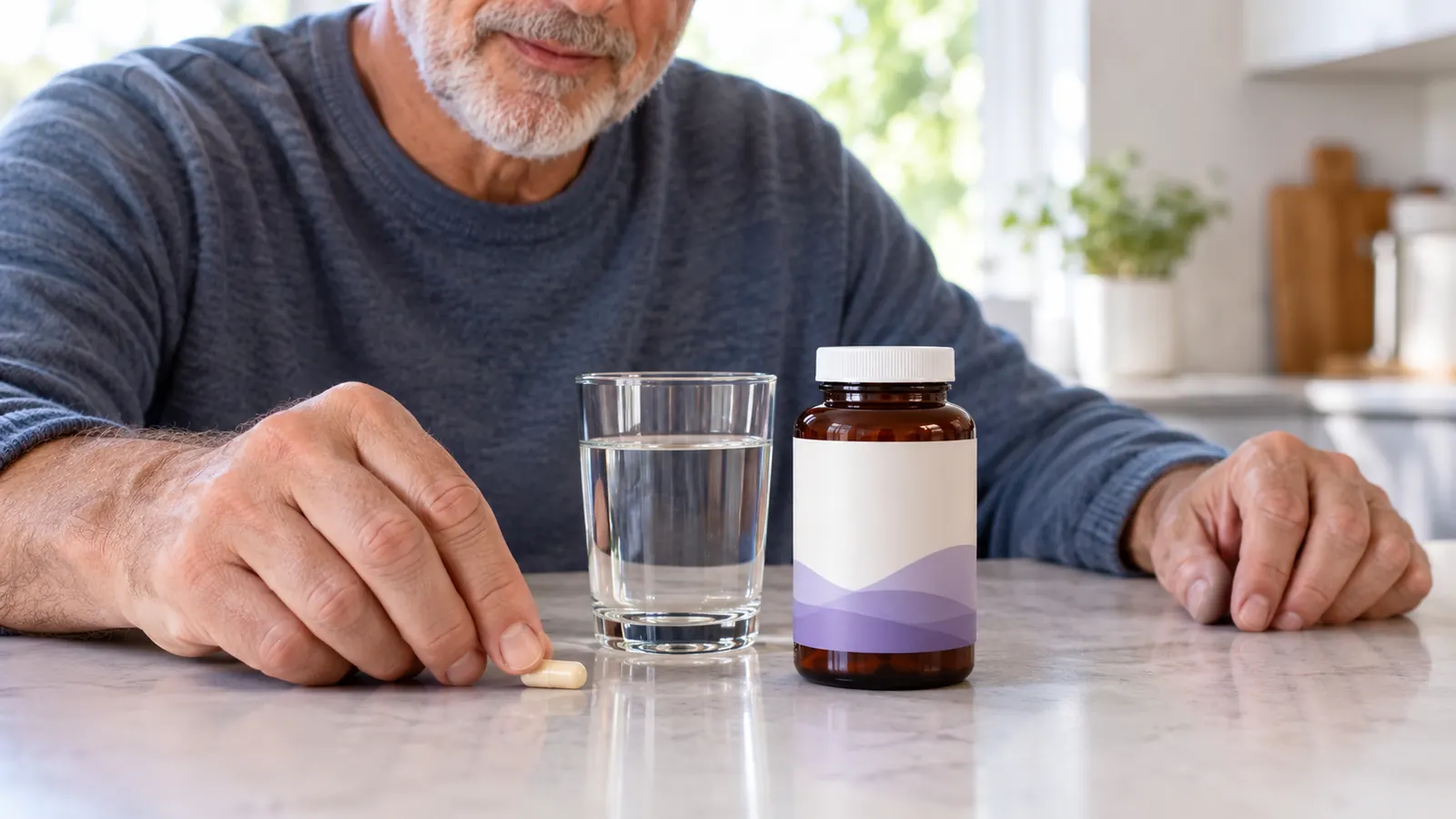 A hand placing one capsule on a kitchen counter beside a glass of water