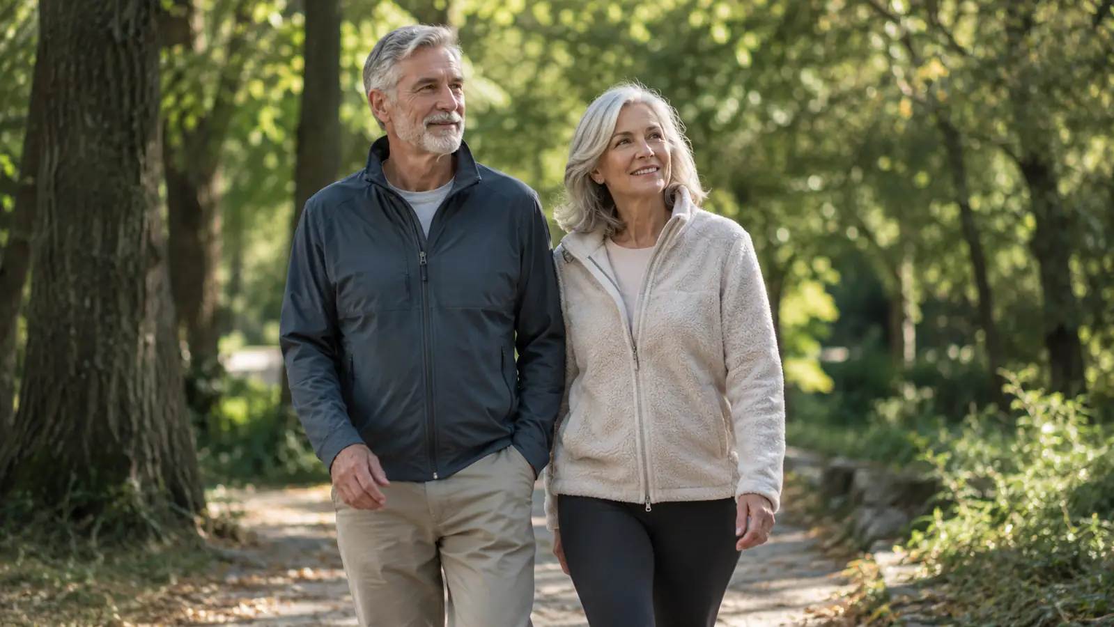An older couple walking on a tree-lined path in the morning, dressed in comfortable walking clothes