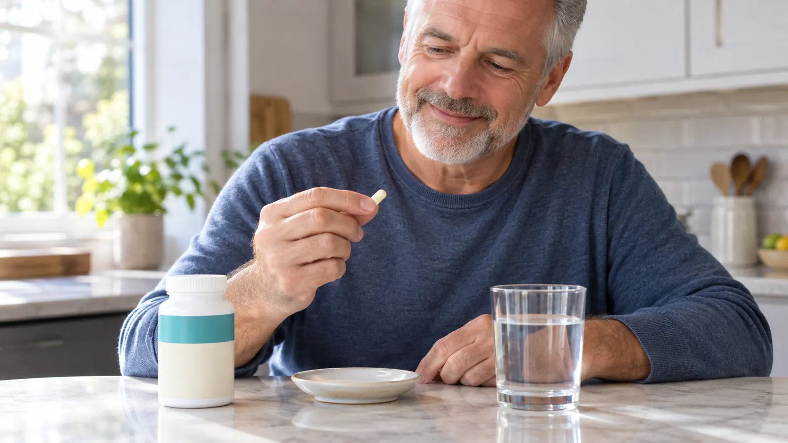 Close-up of a hand in a kitchen holding two plain capsules above a small plate next to a glass of water
