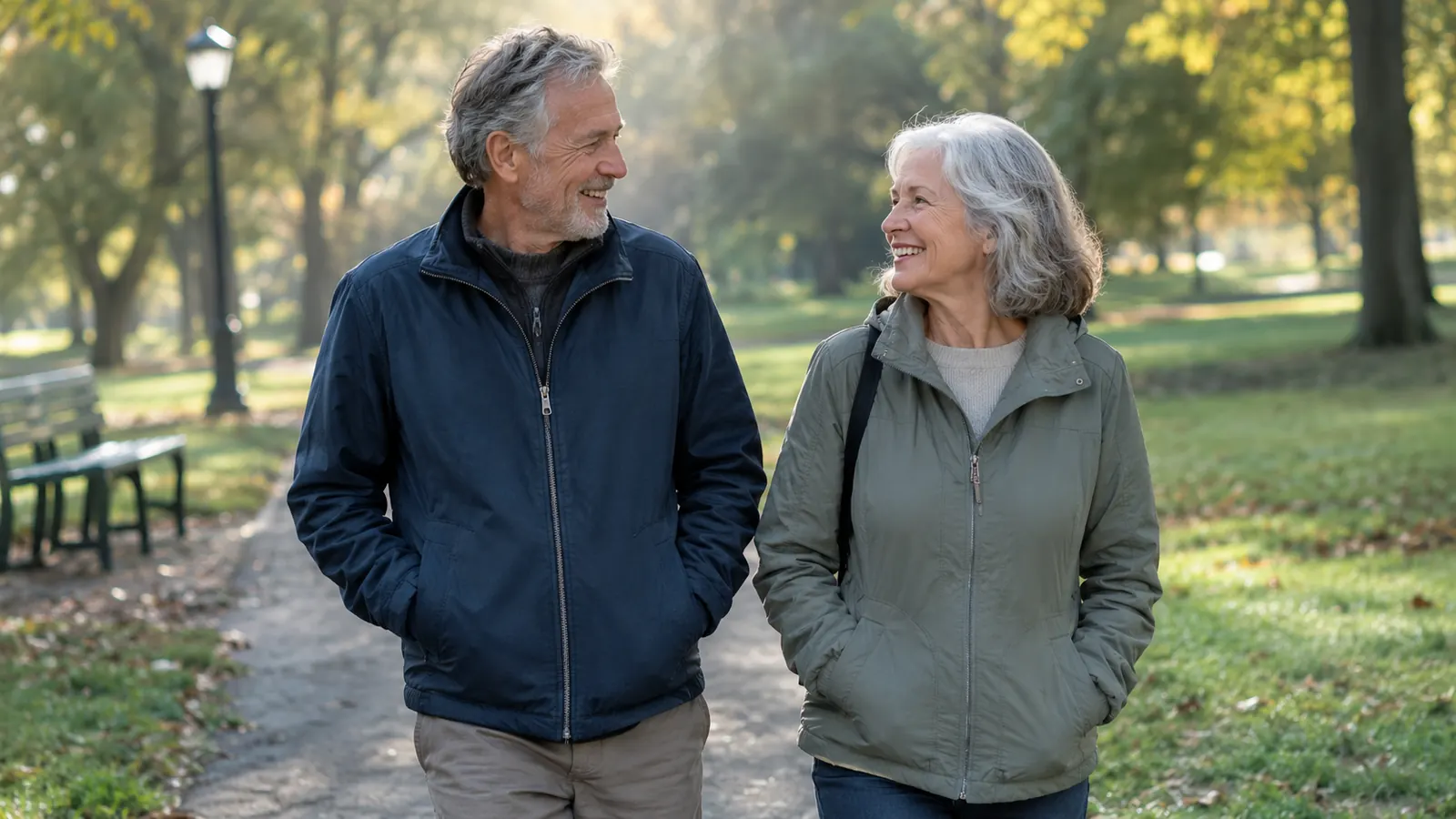 An older couple walking on a paved path in a park, both in casual jackets, morning light