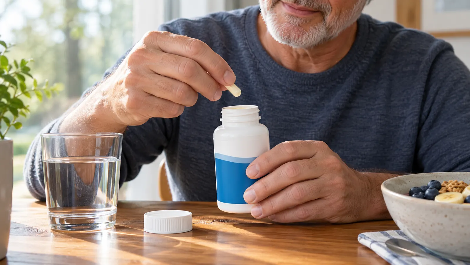 A man's hand holds a single capsule over a kitchen table next to a glass of water.