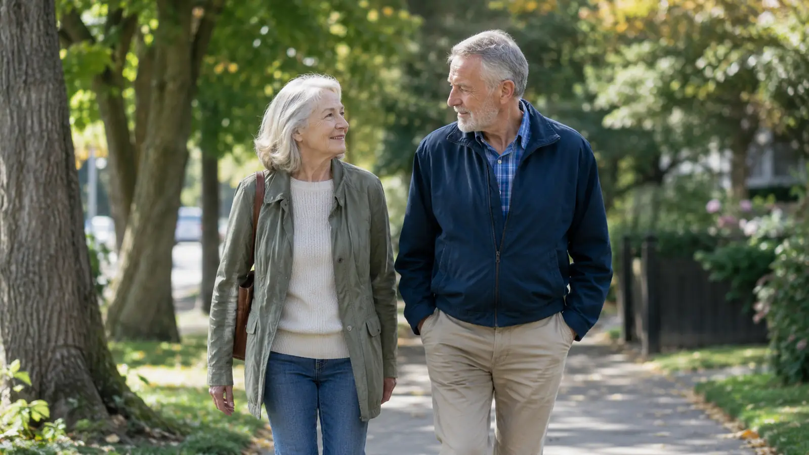 An older couple walks together on a tree-lined suburban street in the morning.