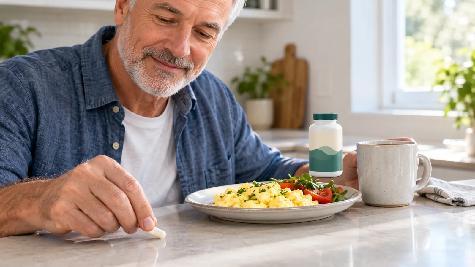 A hand in a kitchen setting placing a plain capsule next to a plate of eggs on a counter