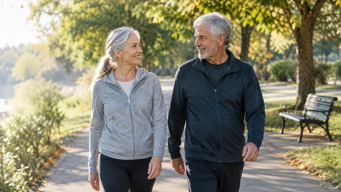 An older couple walking side by side on a paved path in a park on a sunny morning, both dressed in casual walking clothes