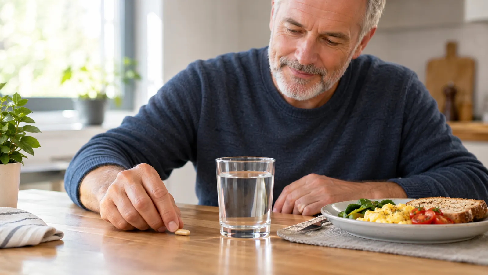 A hand places a single capsule on a kitchen counter beside a glass of water.