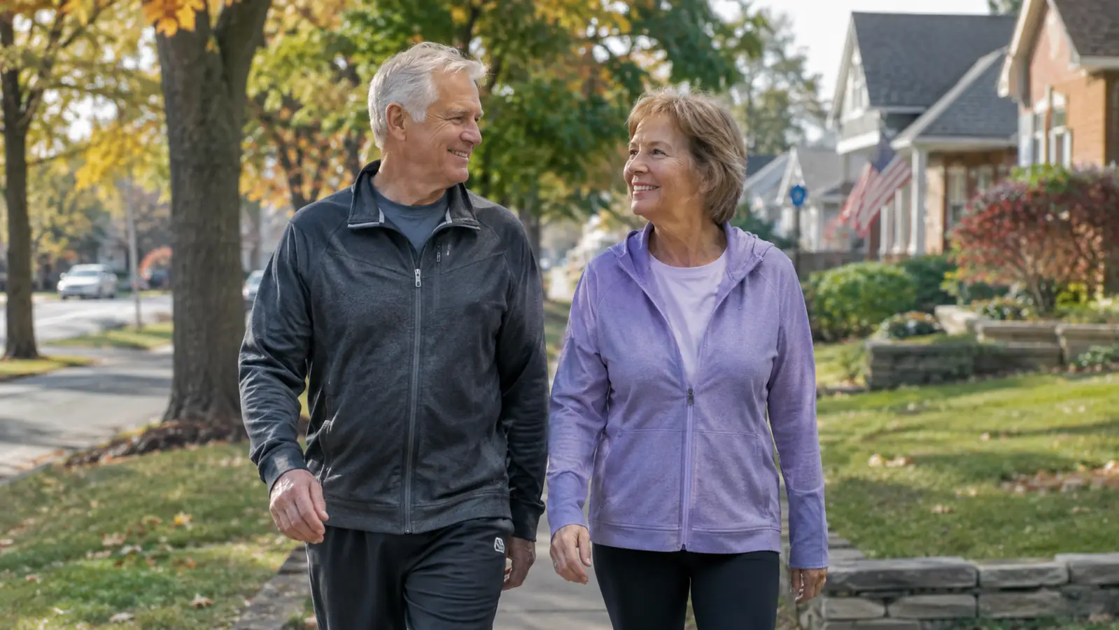 An older couple walks together on a suburban sidewalk in the morning.