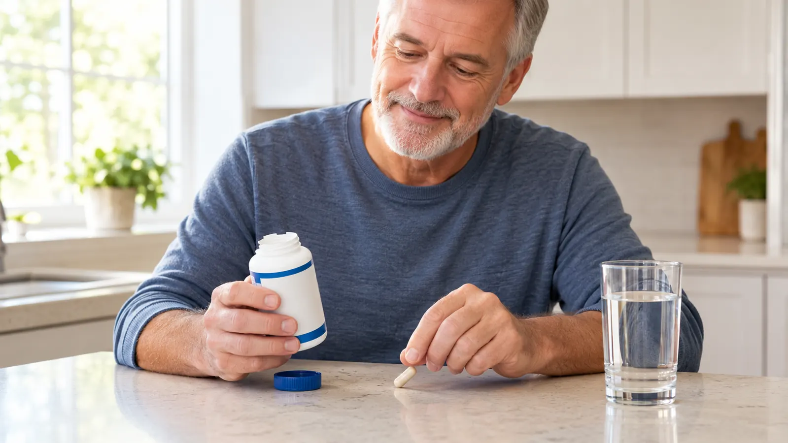 An open supplement bottle and a small capsule resting on a kitchen counter beside a glass of water