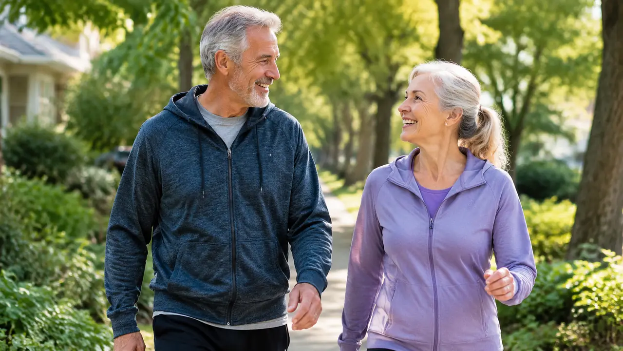 A man in his early sixties and a woman on a morning walk along a tree-lined street