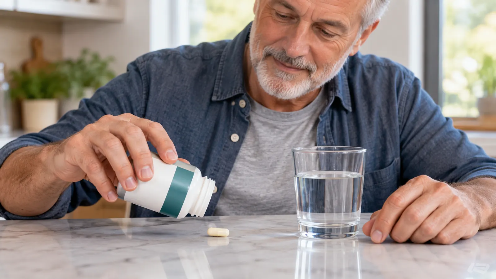 Close-up of a hand shaking two plain capsules from a supplement bottle onto a kitchen counter next to a glass of water