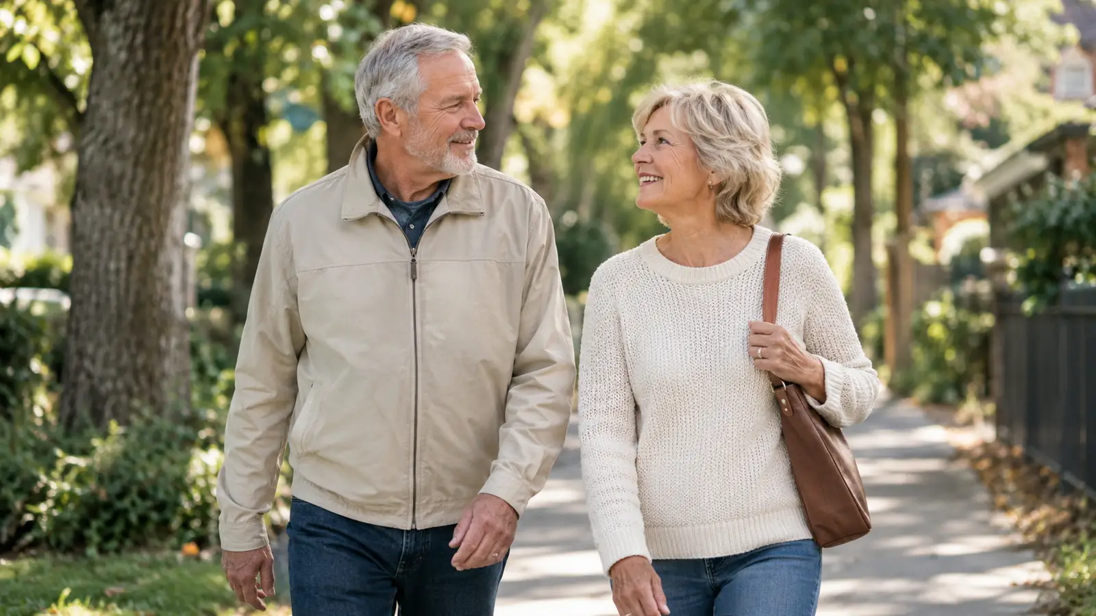 A man in his early sixties and a woman walking together on a tree-lined path in the morning