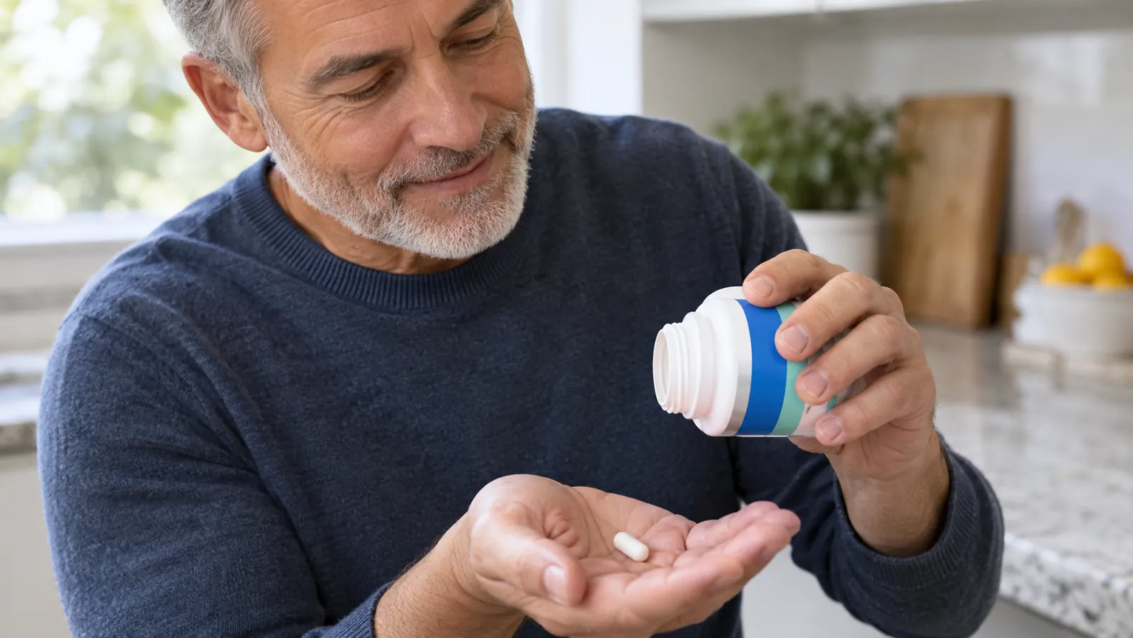 A hand holding a small supplement bottle over an open palm with two plain capsules, kitchen counter in the background