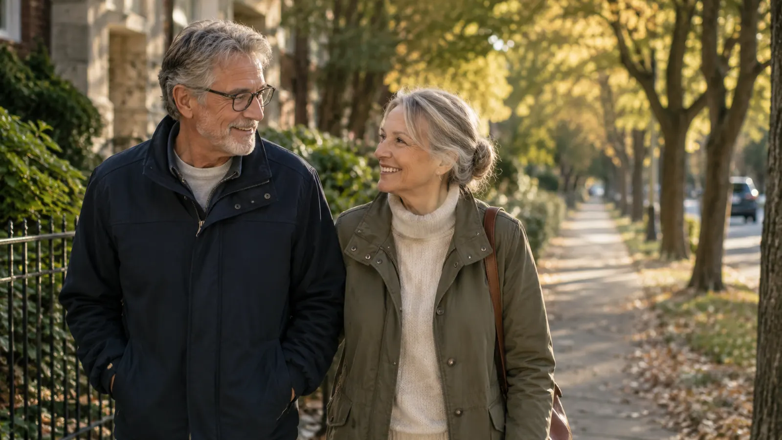 An older couple walking together on a tree-lined residential street in the morning, both in casual jackets