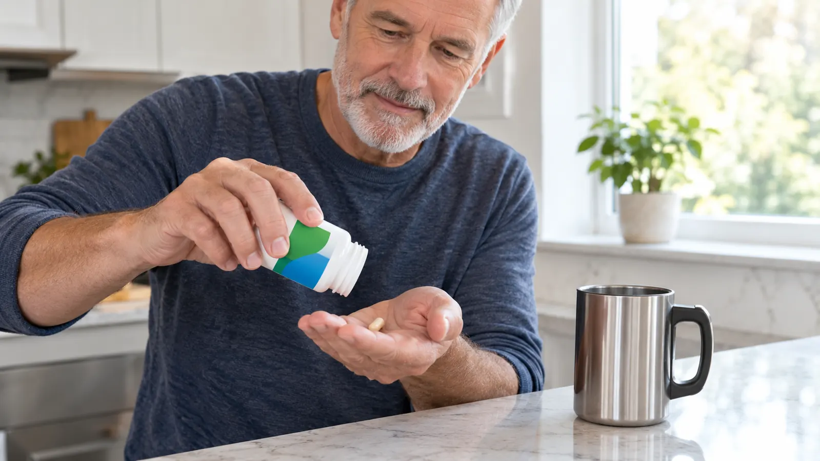 A man's hand holding a supplement bottle over a kitchen counter