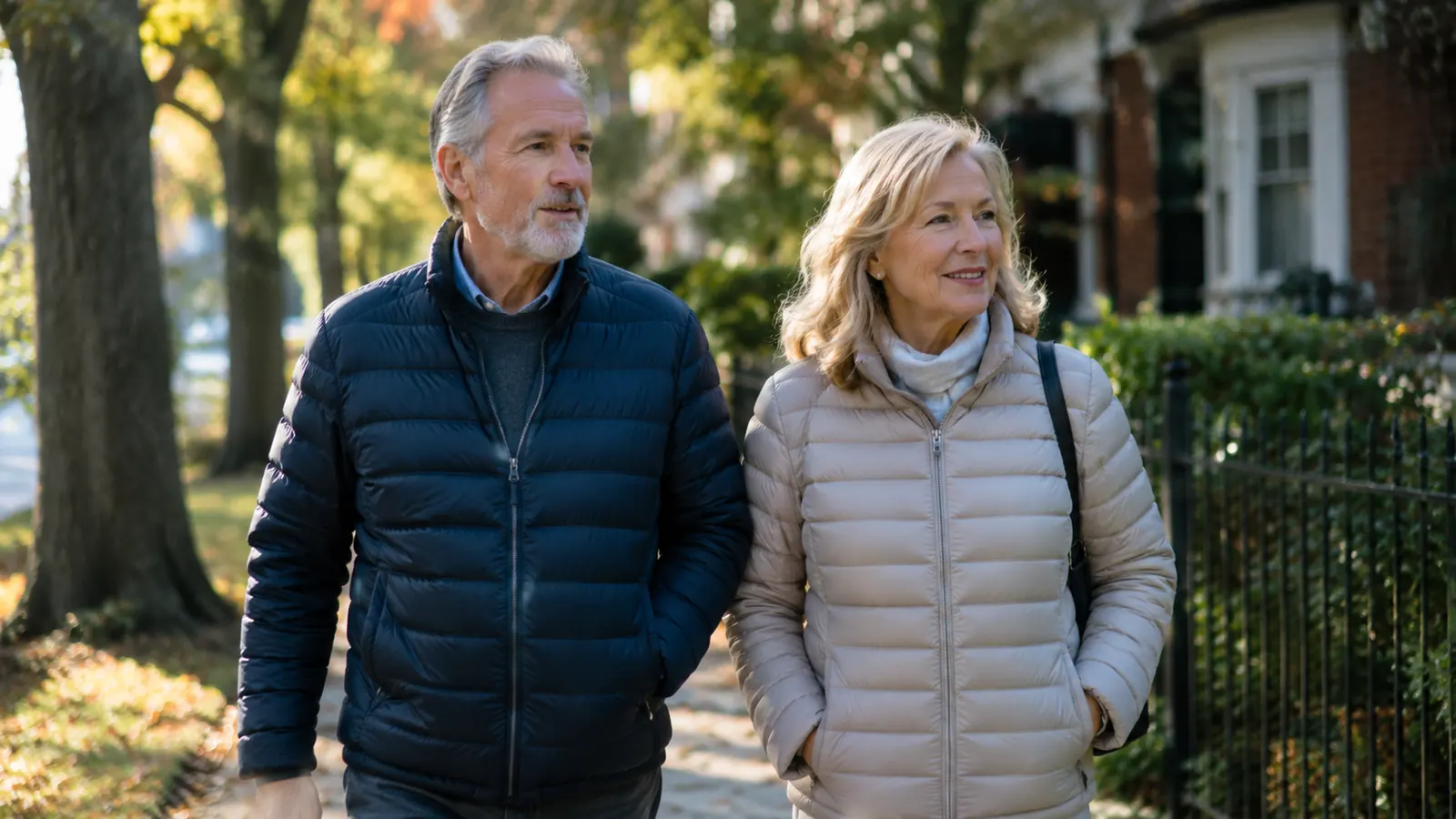 An older couple walking together on a tree-lined street in the morning