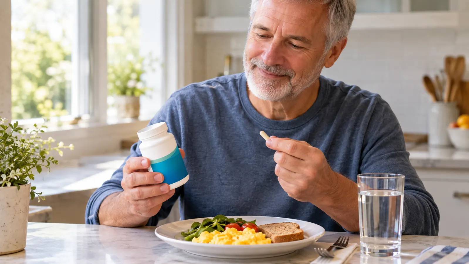 Hand holding a supplement bottle on a kitchen counter in the morning
