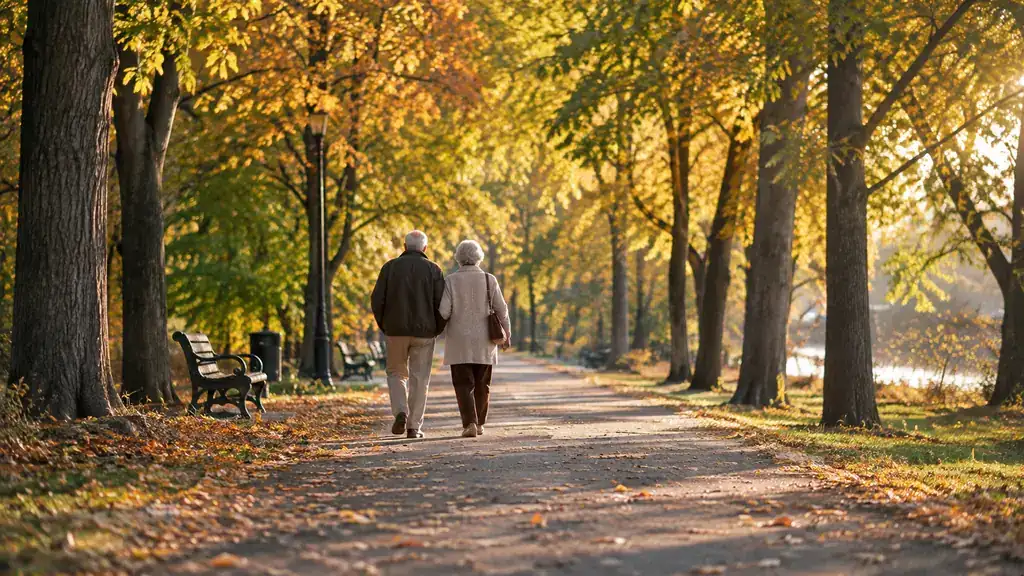Older couple walking together on a tree-lined path in late afternoon light