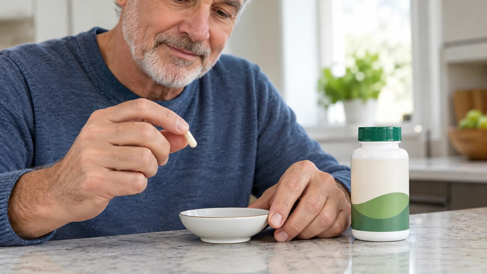A hand placing a single capsule on a kitchen counter beside a small white dish