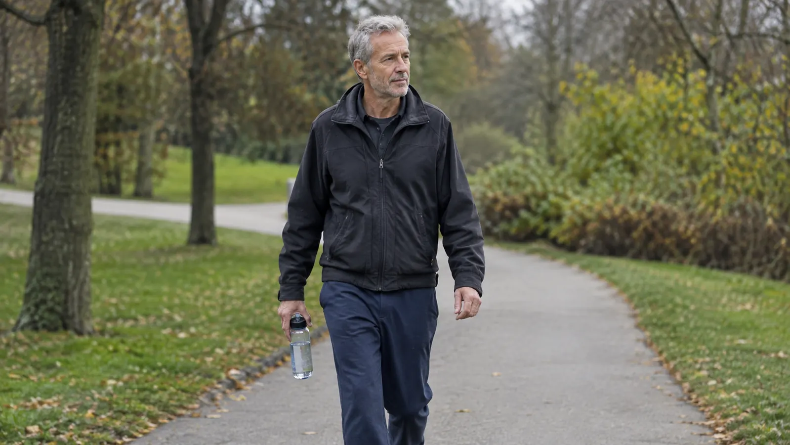 A man in his early sixties walking on a tree-lined path in the morning with a water bottle in hand