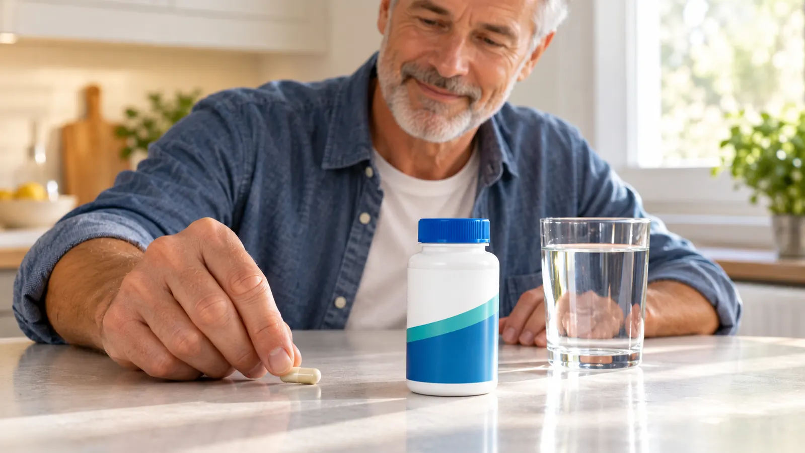 A hand placing a capsule on a kitchen counter next to a glass of water