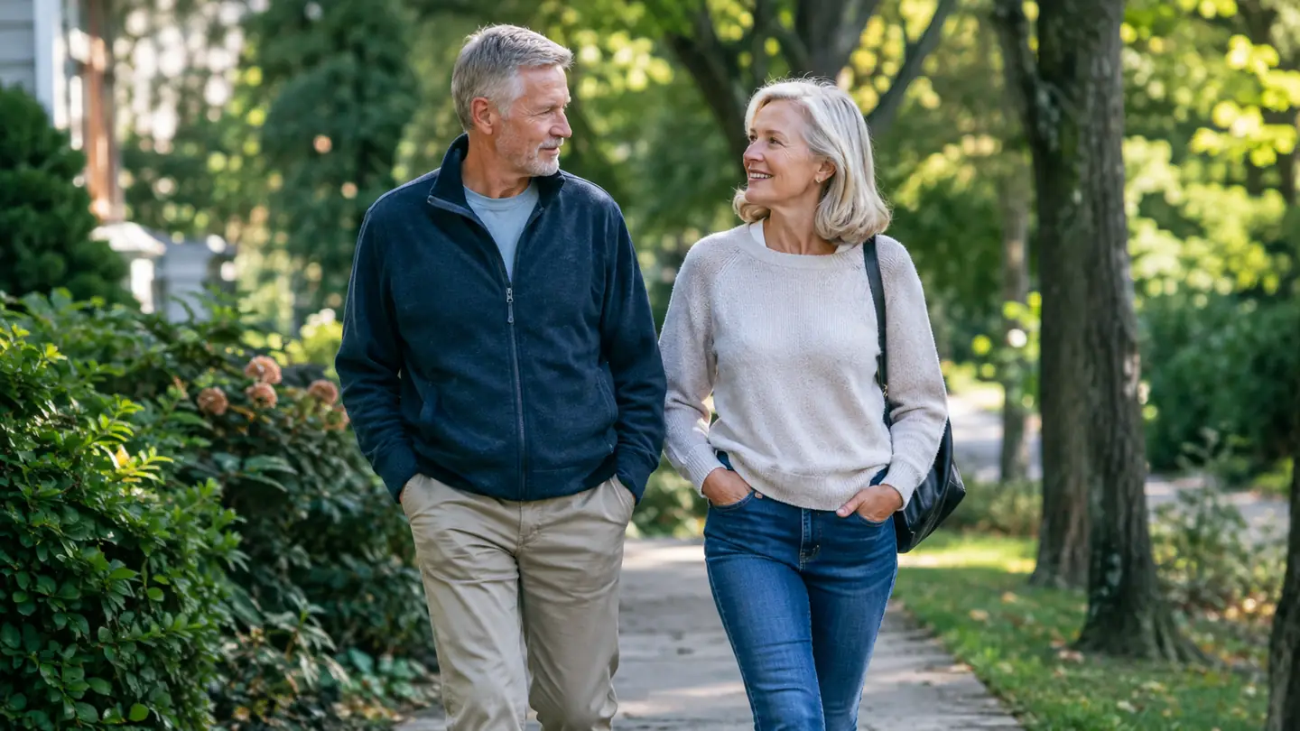 An older couple walking together on a tree-lined path in the morning