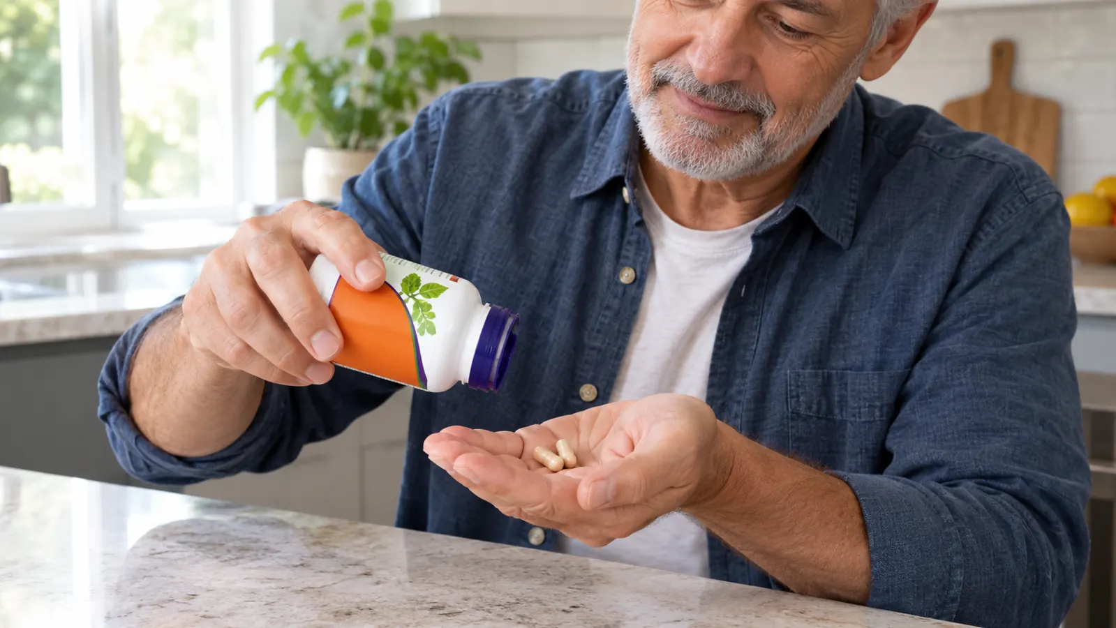 Close view of a hand shaking two capsules from a supplement bottle over a kitchen counter